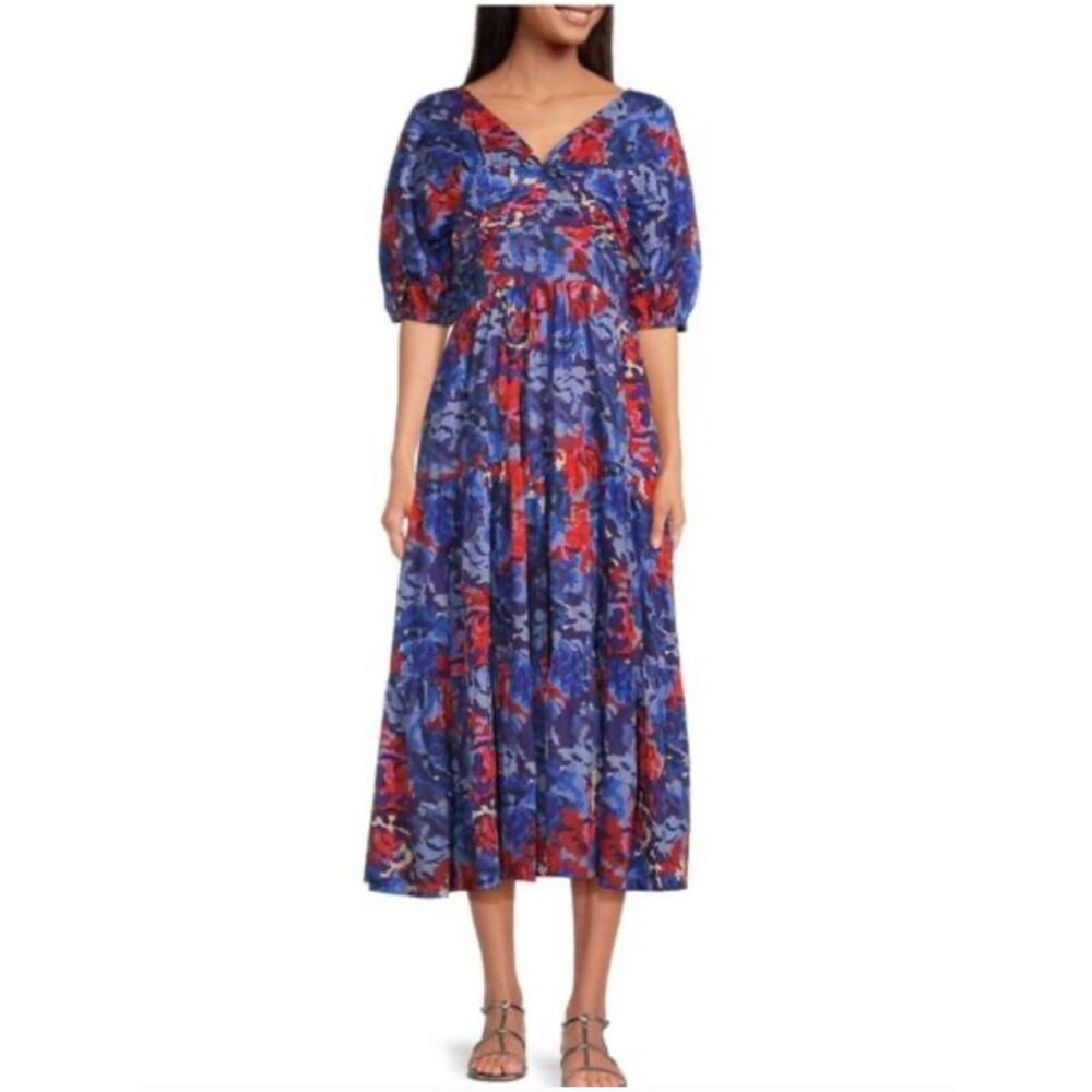 NWT Ro's Garden Floral Ruched Front Puff Sleeve Midi Dress